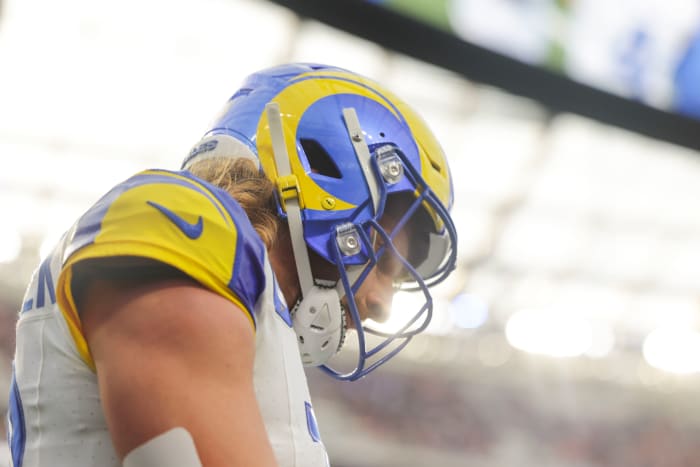 Dec 3, 2023; Inglewood, California, USA; Los Angeles Rams wide receiver Ben Skowronek (18) walks after a play in the first half in a game against the Cleveland Browns at SoFi Stadium. Mandatory Credit: Yannick Peterhans-USA TODAY Sports